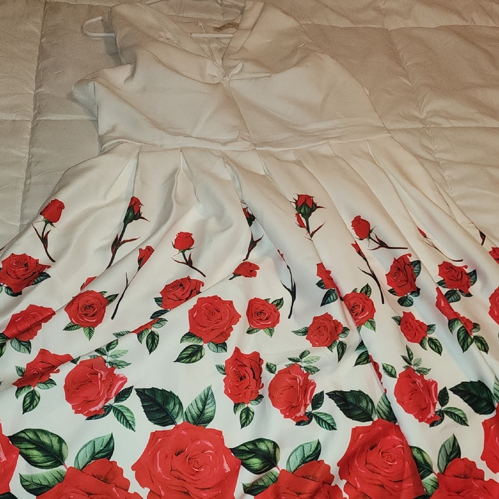 Red and Green Pleated Fit and Flare Dress with Asymmetrical Neckline